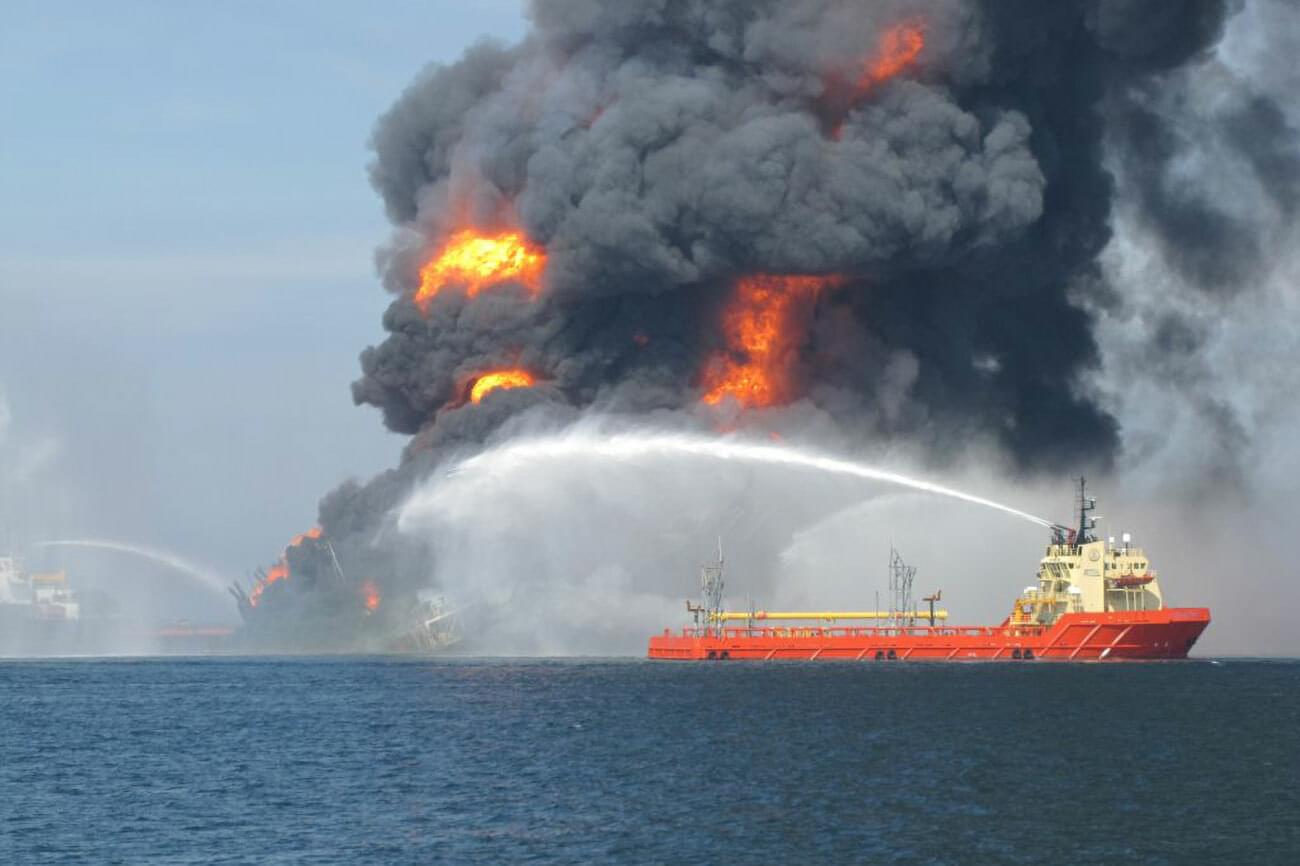 DWH fire burning rig being put out